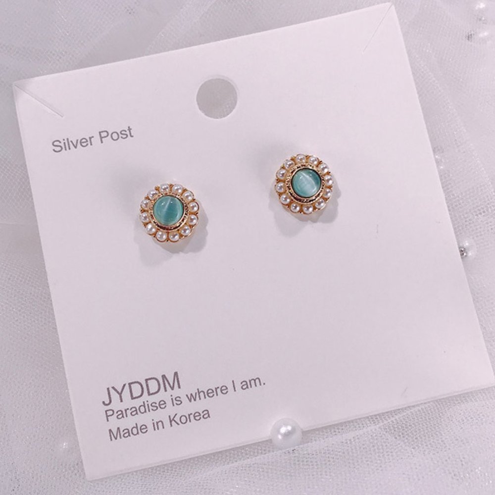 💙💕💕Last oneGreen Cat Eye Stone Style Pearl Stud Earrings - Picture 10 of 13